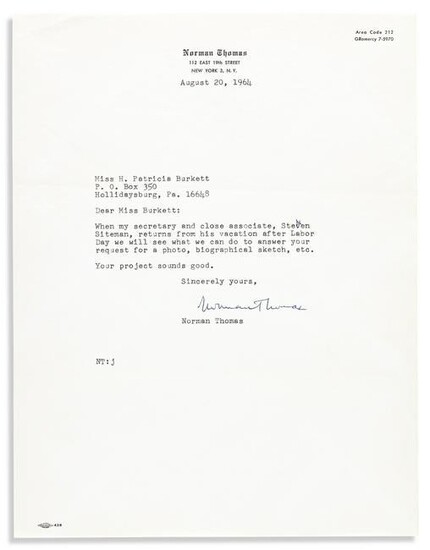 (LABOR.) THOMAS, NORMAN. Two Typed Letters Signed, to