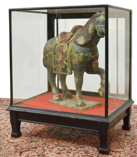 LARGE CHINESE TANG STYLE PAINTED WOOD HORSE