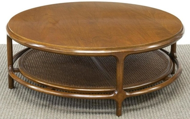 LARGE MID-CENTURY CANED & WALNUT COFFEE TABLE