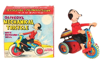 LINEMAR TIN-LITHO WIND-UP OLIVE OYL TRICYCLE TOY.