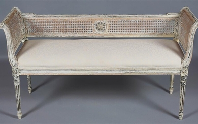LOUIS XVI STYLE WHITE PAINTED CANED WINDOW BENCH