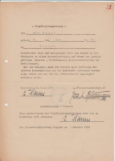 LUFTWAFFE ACE Erich Hanne Signed Document