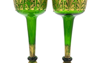 LUSTROUS PAIR OF GREEN AND GOLD BOHEMIAN GLASS LUSTRES...