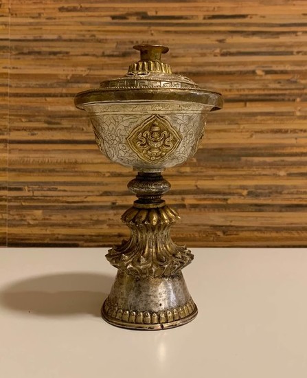 Lamp (2) - Gilt, Silver - Tibet - 20th Century