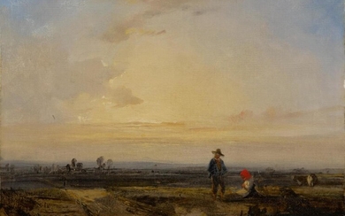 Landscape with sunset and figures before a pond, Richard Parkes Bonington
