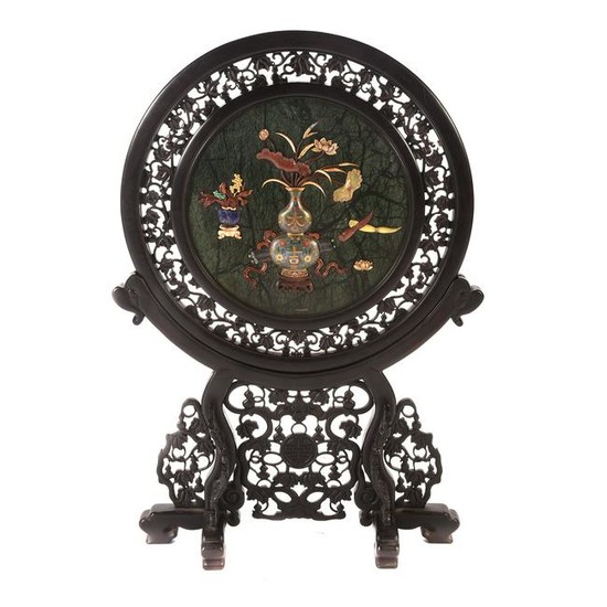 Large Chinese Carved Inlaid Circular Screen on Stand