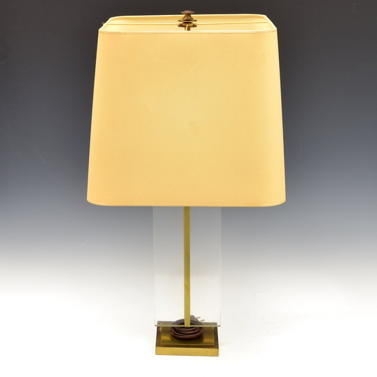 Large brass table lamp with plexi glass spacer and fabric...