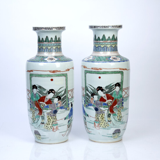 Large pair of Chinese porcelain rouleau form vases