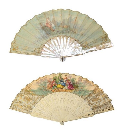 Late 19th/Early 20th Century Mother-of-Pearl Fan, painted with a scene...
