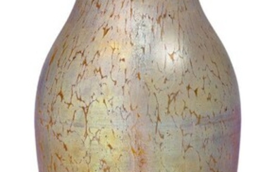 Loetz (Austrian), an iridescent Papillon oviform vase, c.1900, ground out pontil, The clear glass vase with everted rim decorated with splashes of gold iridescence, 23.5 cm high