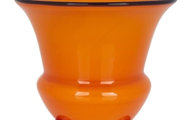 Loetz, 'Tango' footed vase in orange with blue rim and bun feet, circa 1915, Glass, Unmarked, 11cm high