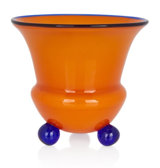 Loetz, 'Tango' footed vase in orange with blue rim and bun feet, circa 1915, Glass, Unmarked, 11cm high