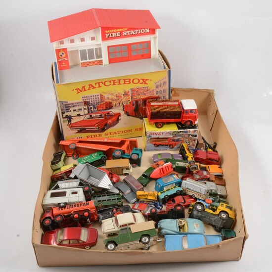 Loose and boxed die-cast models, including Matchbox G-10 fire Station Set