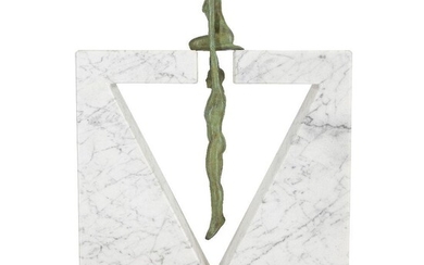 Lorenzo Quinn, Italian b.1966- Gravity, Female, 2013; bronze with marble on granite base, incised with signature and numbered 5/99, overall 41.3 x 34 x 11.8cm (ARR) Provenance: Washington Green Fine Art, Private collection. Note: this lot is...