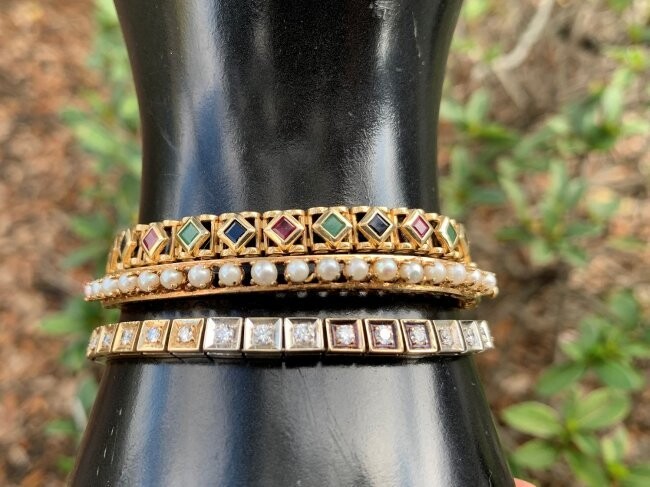 (3) 14K Gold Pearl, Diamond & Gemstone Tennis Bracelets