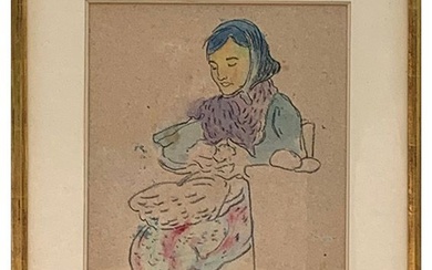 Louis VALTAT (1869-1952) Jeune paysanne au foulard bleu Fusain et aquarelle signé du cachet du...