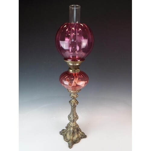 Lovely Oil lamp with Cranberry glass reservoir and Shade sup...