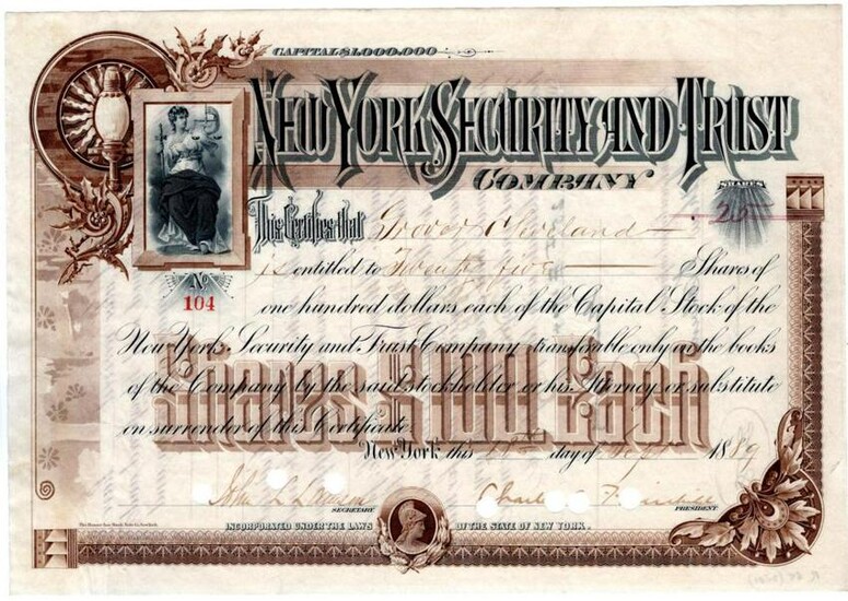 Lovely Stock Certificate Issued to Grover Cleveland and