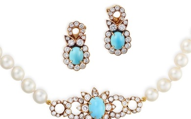 M. GERARD, A TURQUOISE, PEARL AND DIAMOND NECKLACE AND EARRINGS SUITE in 18ct yellow gold, the ne...
