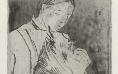 MARY CASSATT Mathilde Feeding a Dog (No. 2). Etching and aquatint, circa 1884....