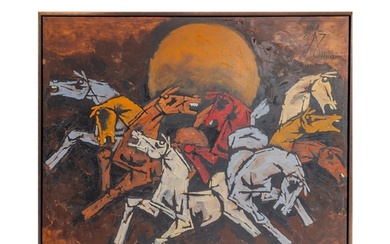 M.F. HUSAIN (1915-2011) "HORSES OF THE SUN" OIL ON CANVAS ...