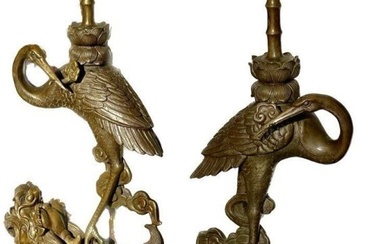 Magnificent Museum Quality PAIR Large ANTIQUE Chinese Sculpture BRONZE TURTLES & Storks CANDLESTICKS