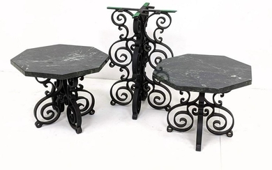 Marble and Iron Tables. 2 low heavy iron tables with gr