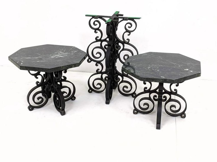 Marble and Iron Tables. 2 low heavy iron tables with gr