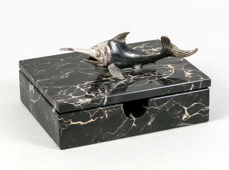 Marble lidded box with swordfish knob, mid-20th c.,...