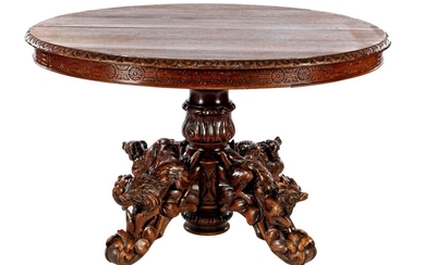 (-), Solid oak hunting table with decorated edge...
