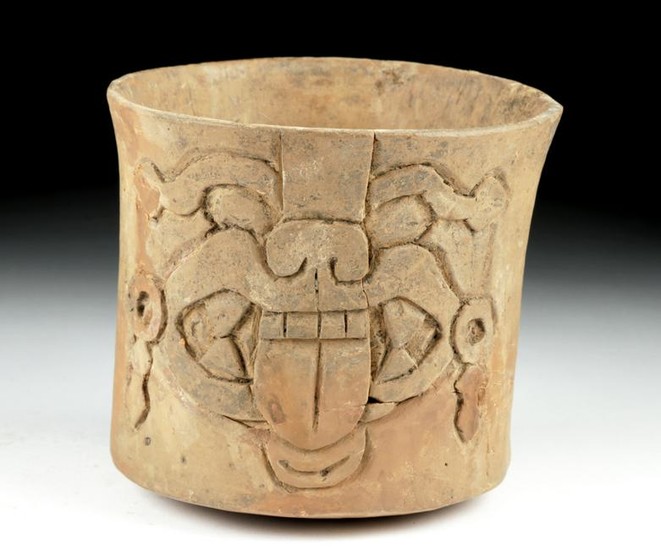 Maya Carved Pottery Cylinder - Jaguar Face