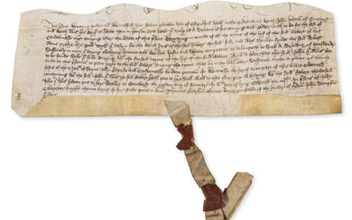 Medieval English.- Kent.- Culpeper (Sir John, Justice of the Peace).- Indenture Robert Clobbe late of East Peckham made covenant with John Herden and with Alis his wife to serve them in husbandry, manuscript in medieval English, indented chirograph at...