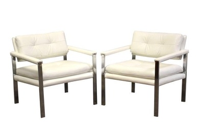 Milo Baughman Style Chrome White Leather Lounge Chairs - a Pair