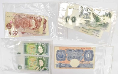 Mixed British banknotes comprising three series C £1 notes, consecutive...