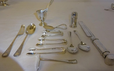 Mixed lot of silver ware - sugar tongs, spoons, cheese knife...