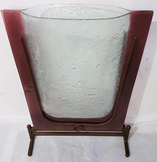 Modern Hand Blown Art Glass Vase on Custom Wrought Iron
