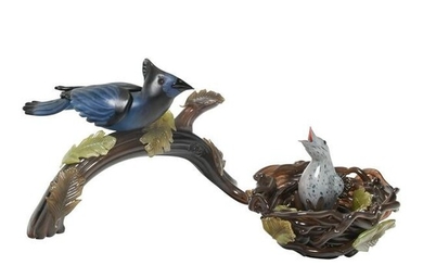 Molly Stone Art Glass Bluejay and Hatchling in Nest.