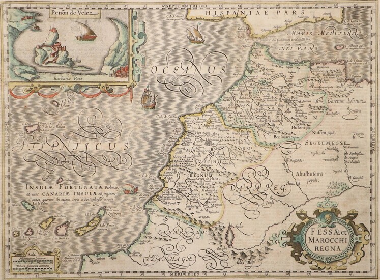 [Morocco]. "Fessae et Marocchi regna." Contemp. handcol. map w. 2...