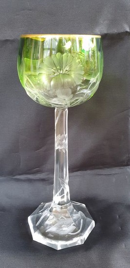 Moser Karlsbad - Art Nouveau wine glass with an etched representation of flowers and leaves on one