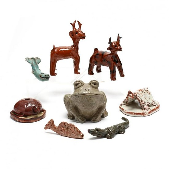 NC Folk Pottery, Eight Vintage Molded Animals, JB Cole