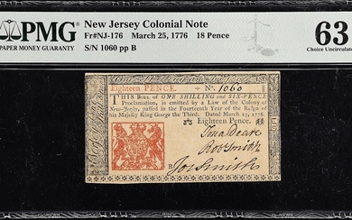 NJ-176. New Jersey. March 25, 1776. 18 Pence. PMG Choice Uncirculated 63.