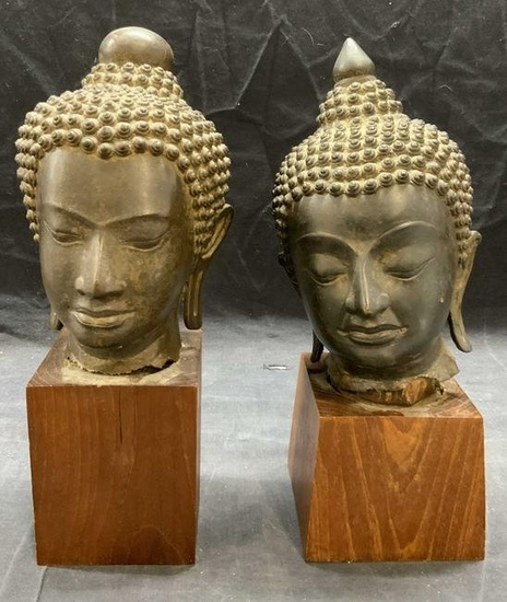 Near Pair Vintage Bronze Buddha Bust Statues