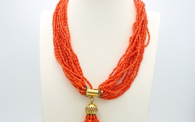 Necklace with pendant - 18 kt. Yellow gold Coral - Ruby
