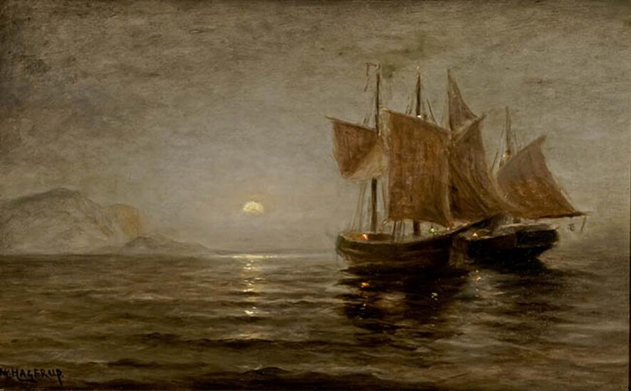 Nels Hagerup (American/Norwegian 1864-1922), Sailboat Off Misty Rocky Coast and Moonlit Ships at Sea, Two Works, each Oil on Canvas