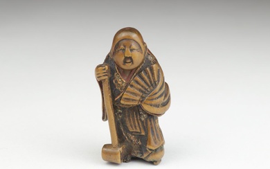 Netsuke / Okimono - 19e s., Japon, bois sculpté, signé sur le côté, étiquette de...