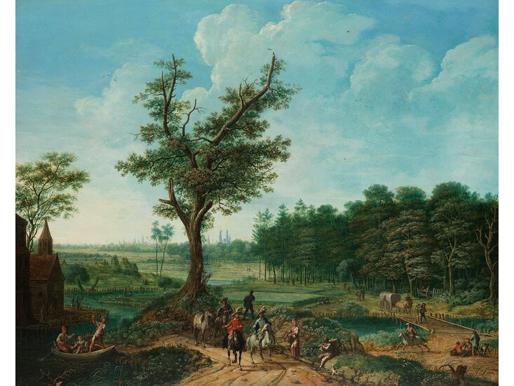 Niederländischer Maler des 18. Jahrhunderts, ELEGANTE REITER IN WEITER LANDSCHAFT