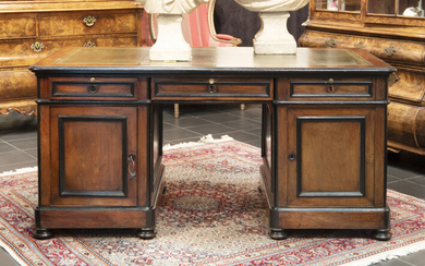 Nineteenth century desk in walnut with ebonized moldings...