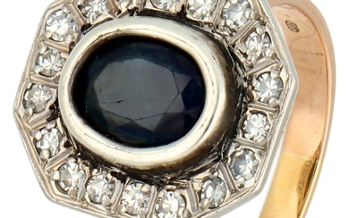 No Reserve - 18K Bicolor gouden entourage ring bezet met ca. 1.60 ct. natuurlijke saffier en diamant
