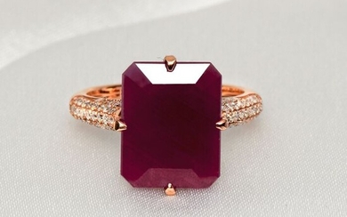 No Reserve Price-9.12 Ct Natural No Heated Ruby& 0.31 Ct Diamonds - 14 kt. Pink gold - Ring Ruby - Diamonds, IGI Certified