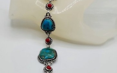 No Reserve Price - Bracelet Silver, Natural turquoise and coral Turquoise